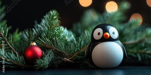 Perspective of Christmas decorations. Christmas items include a penguin toy and a fir tree branch, with a blurred dark background. Copy space text area. photo