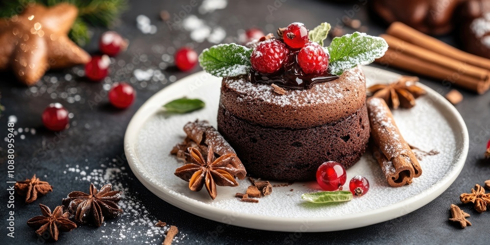 custom made wallpaper toronto digitalChristmas cake - molten lava cupcake dessert or dark chocolate souffle accompanied by gingerbread, berries, cinnamon sticks, and anise on a white plate with copy space.