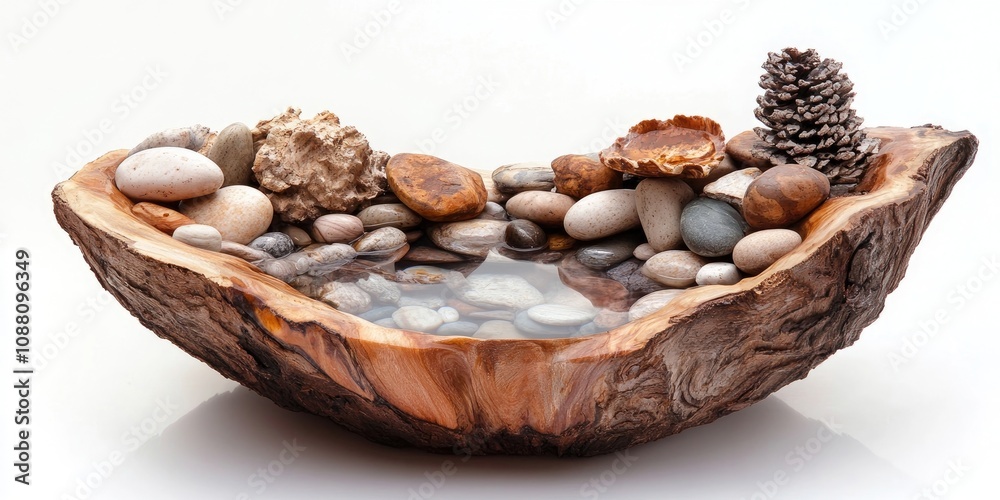 Well water crafted by hand using wood, stones, and pine nut shells against a white background. Well water crafted by hand using wood, stones, and pine nut shells against a white background.