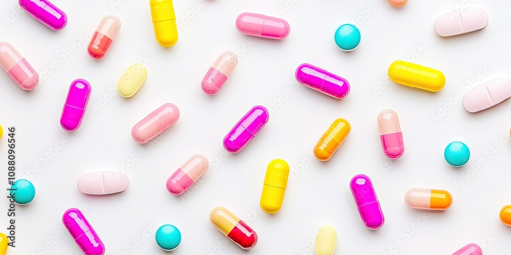 Color capsules. Medicine pills on a white background in a top view pattern with copy space. Color capsules. Medicine pills on a white background in a top view pattern with copy space.