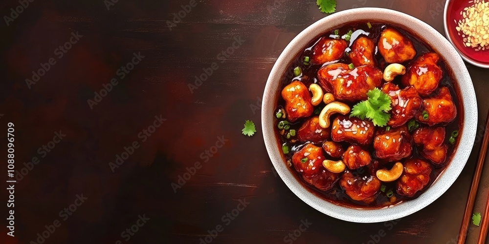 Chinese cuisine featuring fried chicken stir-fried with cashew nuts in a sweet sauce, accompanied by a side dish sauce, catering. Chinese cuisine featuring fried chicken stir-fried with cashew nuts in a sweet sauce, accompanied by a side dish sauce, catering.
