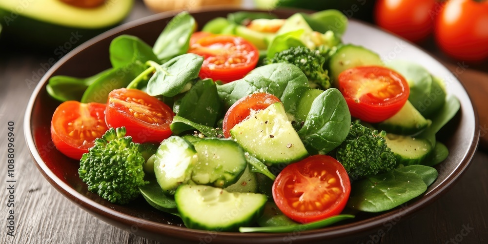 Avocado salad featuring tomatoes, cucumber, broccoli, and spinach. Avocado salad featuring tomatoes, cucumber, broccoli, and spinach.