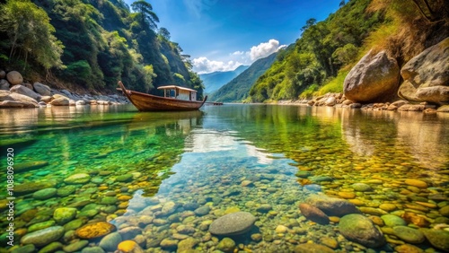 Macro Photography of Dawki River in Meghalaya, India - Serene Boat Scene with Crystal Clear Waters and Lush Surroundings photo