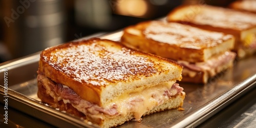 A tray featuring a monte cristo sandwich, in a restaurant or kitchen environment.