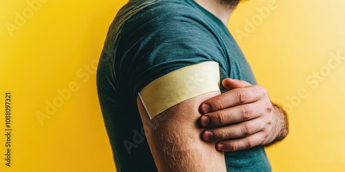 Adhesive bandage on a young man's arm following a vaccine injection. Medical, pharmacy, and healthcare concept. photo