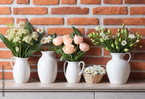 A close-up of a brick wall with a vase of flowers and candles on a shelf