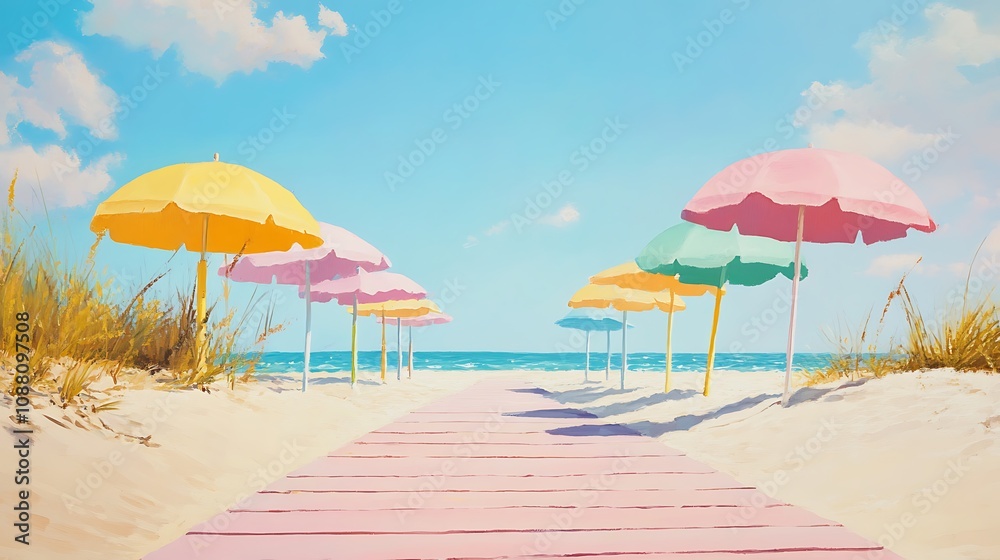 Pastel umbrellas line a pink boardwalk leading to a tranquil beach. Pastel umbrellas line a pink boardwalk leading to a tranquil beach.