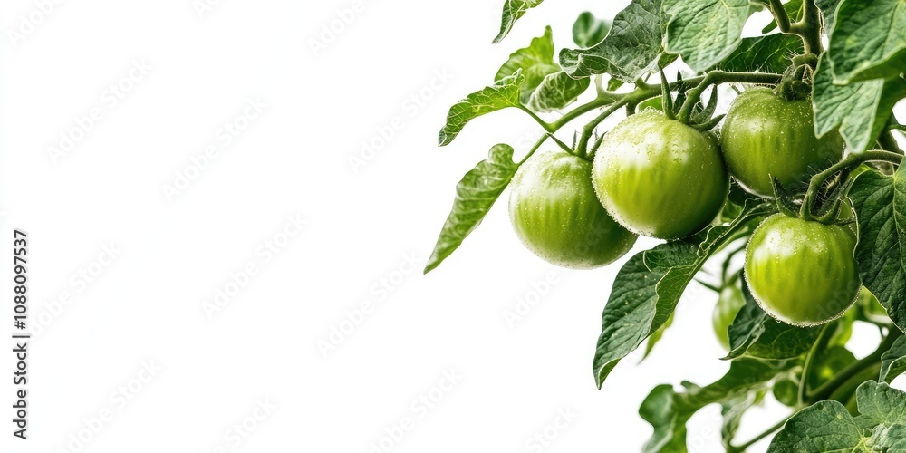 Green organic tomatoes growing on a tree with a white background and copy space. Green organic tomatoes growing on a tree with a white background and copy space.