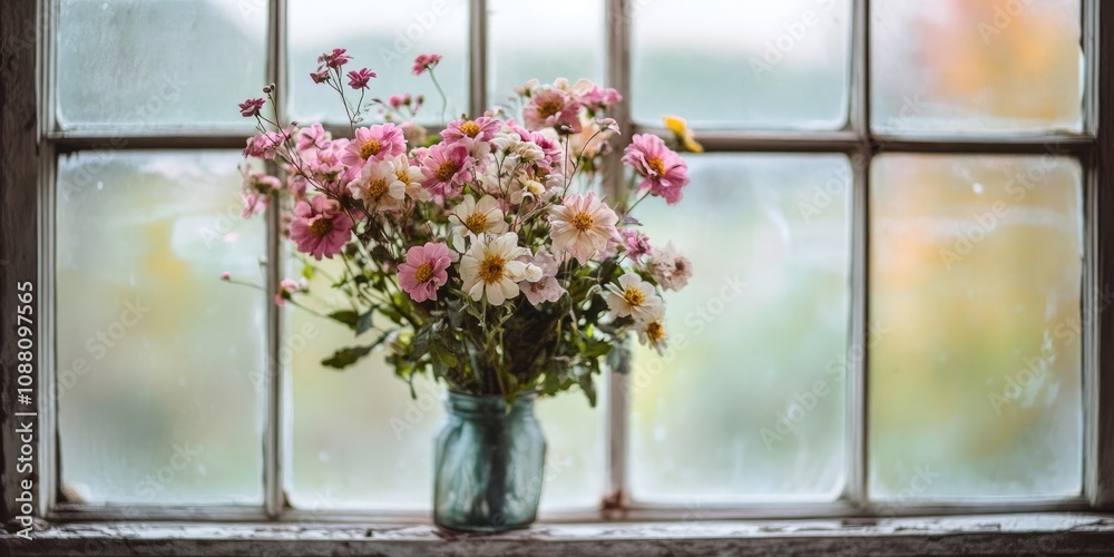 A bouquet of flowers in front of an antique vintage window. A bouquet of flowers in front of an antique vintage window.