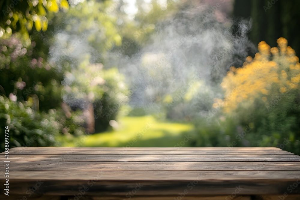 A wooden table in a garden setting with smoke and vibrant flowers in the background. A wooden table in a garden setting with smoke and vibrant flowers in the background.