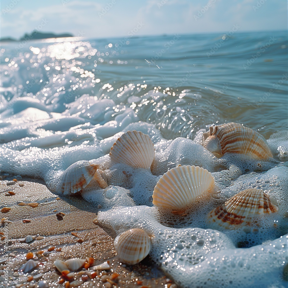 Stunning Image of Waves and Seashells at the Beachfront Ocean Scene Stunning Image of Waves and Seashells at the Beachfront Ocean Scene