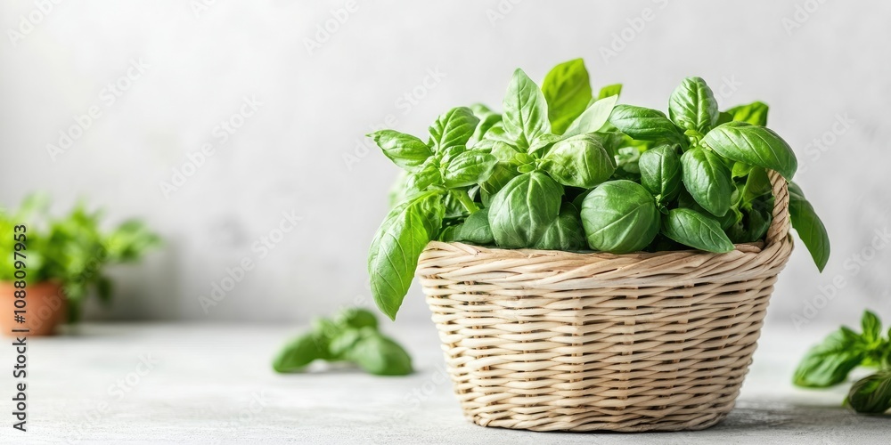 Naklejka premium Basket containing fresh basil on a light background.