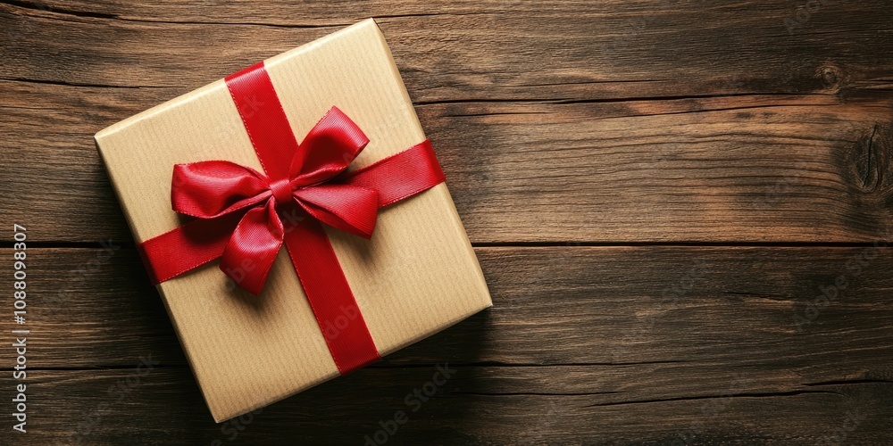 Fototapeta premium Gift box made of craft paper with a red bow on a close-up of a brown brushed wooden background.