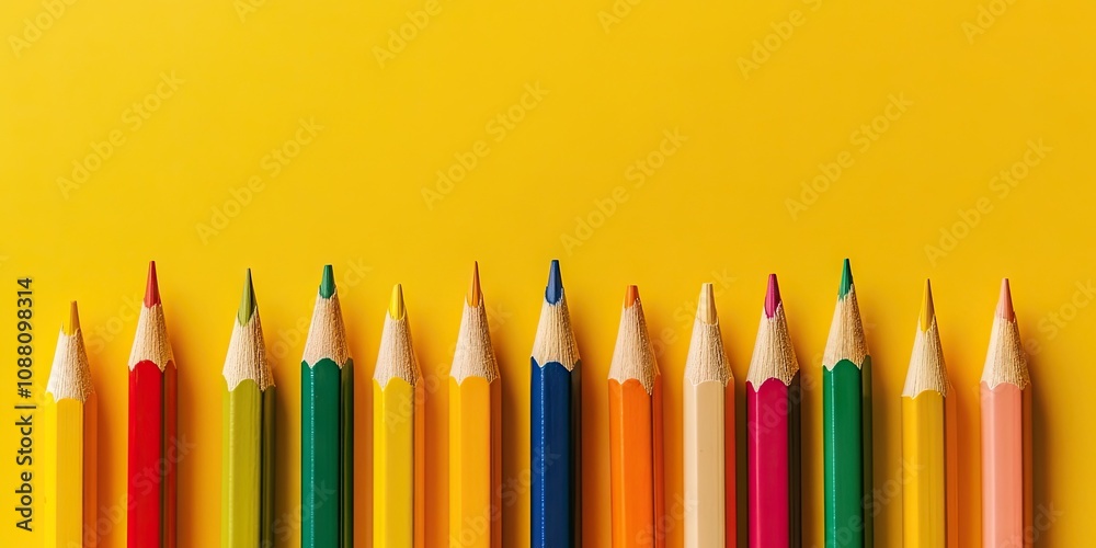 Colored pencils set against a yellow background. Back to school. Copy space.