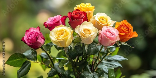 Fototapeta Naklejka Na Ścianę i Meble -  A bouquet of multicolored roses, vibrant fresh roses set against a garden background with leaves, featuring free copy space.
