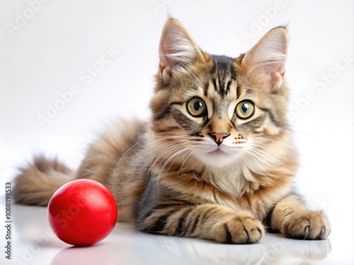 Happy Cartoon Cat Playing with Red Ball on White Background