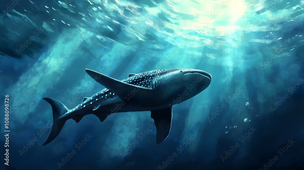 A giant whale shark swimming peacefully through the deep blue ocean with rays of sunlight filtering down.
A giant whale shark swimming peacefully through the deep blue ocean with rays of sunlight filtering down.