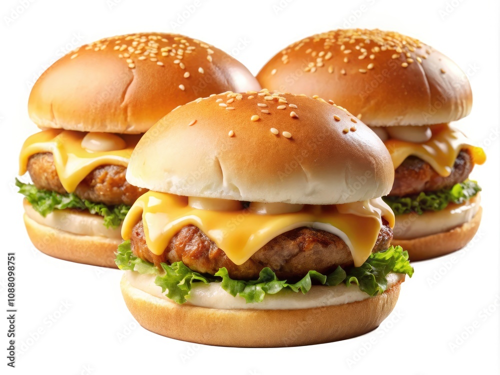 Juicy Cheeseburgers with Melted Cheese and White Buns - Perfectly Isolated Food Photography for Culinary Projects Juicy Cheeseburgers with Melted Cheese and White Buns - Perfectly Isolated Food Photography for Culinary Projects
