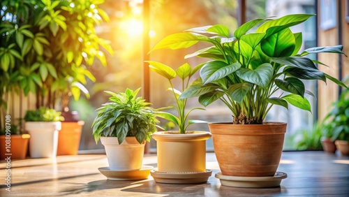 Indoor Plant Elegance: Lush Greenery in Terracotta and White Pots Bathed in Sunlight