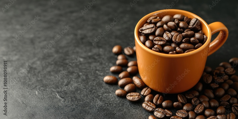 Fototapeta premium Coffee beans in a coffee cup on a black backdrop. Space for your text. Copy space.