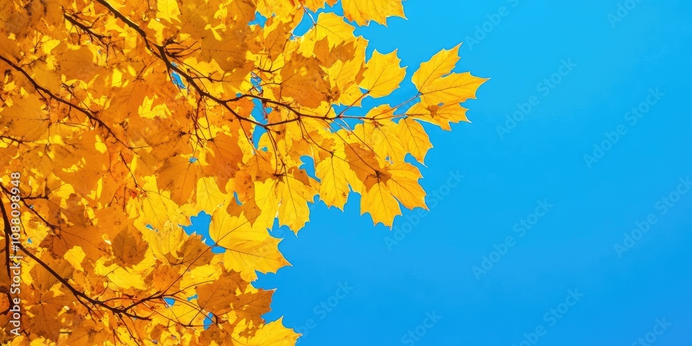 Yellow autumn maple leaves set against a clear blue sky. Copy space. Sunny day. Natural beauty. Fall backdrop. Golden season. Lush canopy. Vivid orange and red leaf hues. In the park. Yellow autumn maple leaves set against a clear blue sky. Copy space. Sunny day. Natural beauty. Fall backdrop. Golden season. Lush canopy. Vivid orange and red leaf hues. In the park.