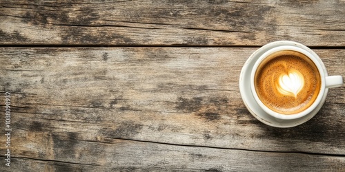 cup of coffee on a wooden surface with copyspace for text