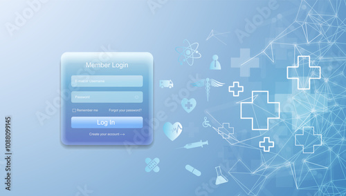Medical Login Interface with Healthcare Icons and Technology Theme  with Network Connection and Blue Background