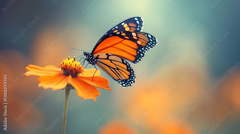 Obraz premium A monarch butterfly landing on a vibrant orange wildflower, with a soft-focus background.