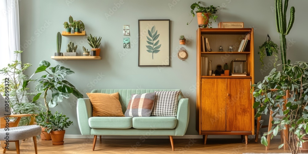 Chic arrangement of a living room featuring a retro wooden cabinet, mint-colored sofa, cushions, a plaid, cacti, plants, shelf decorations, and refined personal items. Vintage home decor. Template. Chic arrangement of a living room featuring a retro wooden cabinet, mint-colored sofa, cushions, a plaid, cacti, plants, shelf decorations, and refined personal items. Vintage home decor. Template.