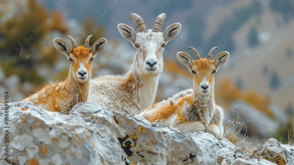 Obraz premium Three wild goats resting on rocky mountainside.