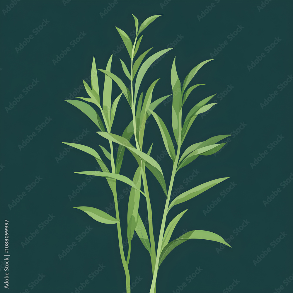 Fototapeta premium Flat tarragon sprigs with long, narrow leaves in dark green tones