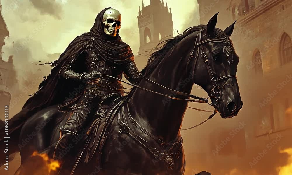 Dark and Eerie Rider on a Horse Against a Gothic Background, Enveloped in Mystical Atmosphere of Death and Mystery, Capturing the Essence of the Macabre in Art Dark and Eerie Rider on a Horse Against a Gothic Background, Enveloped in Mystical Atmosphere of Death and Mystery, Capturing the Essence of the Macabre in Art