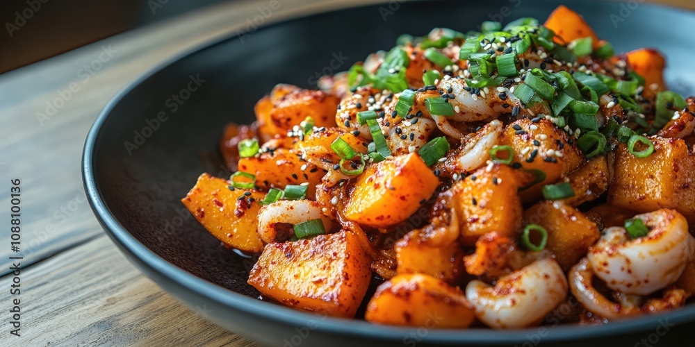 Φωτογραφία Korean style sweet potato and squid cooked in a spicy gochujang sauce
