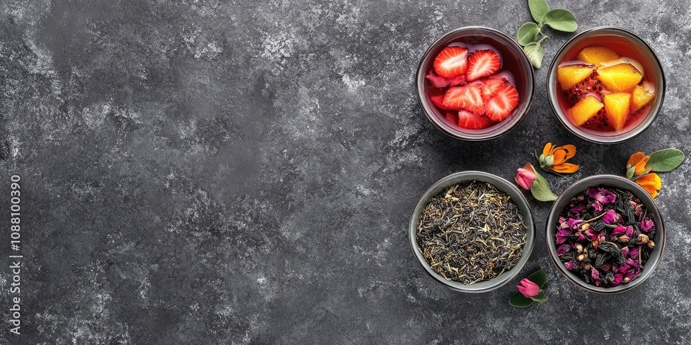 Bowls filled with fruit, herbal, and flower tea. Gray stone backdrop. Copy space.