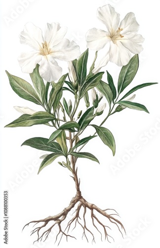 Antique Botanical Illustration White Oleander Flower with Roots