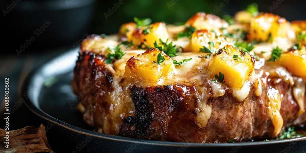 Delicious pork roast topped with cheese and pineapple. Copy space Delicious pork roast topped with cheese and pineapple. Copy space