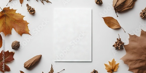 Autumn stationery mockup featuring a blank vertical A5 greeting card or invitation, captured from above with space for text. photo