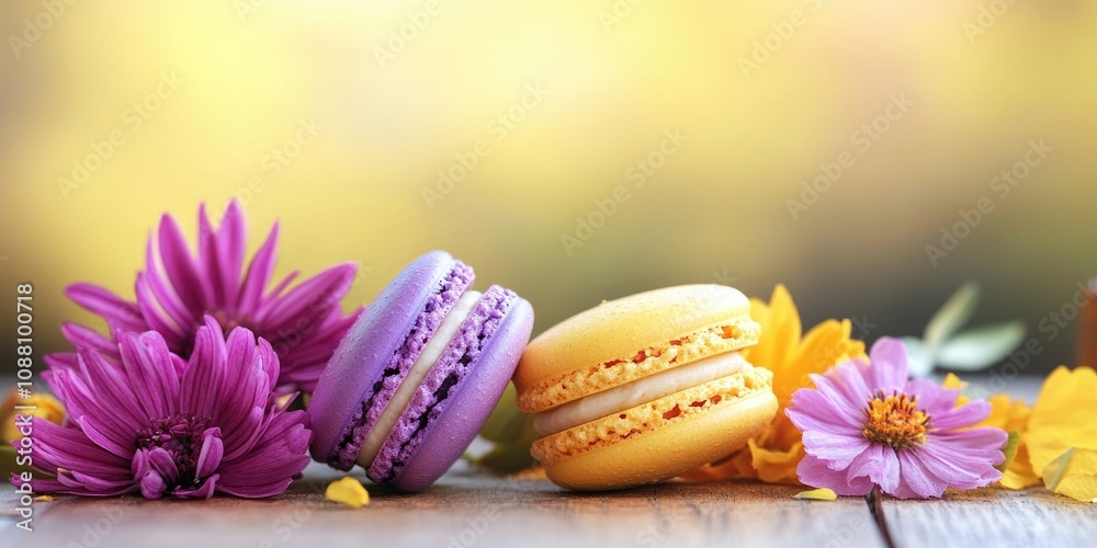 Violet and yellow macarons alongside flowers on a wooden table background. Vibrant French dessert paired with fresh blooms. Autumn theme. Violet and yellow macarons alongside flowers on a wooden table background. Vibrant French dessert paired with fresh blooms. Autumn theme.