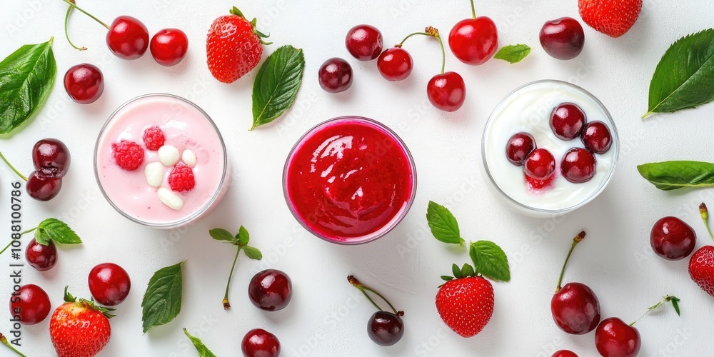 Flat lay of delightful desserts featuring strawberries and sweet cherry smoothies, curd, and yogurt on a white background. Top view.