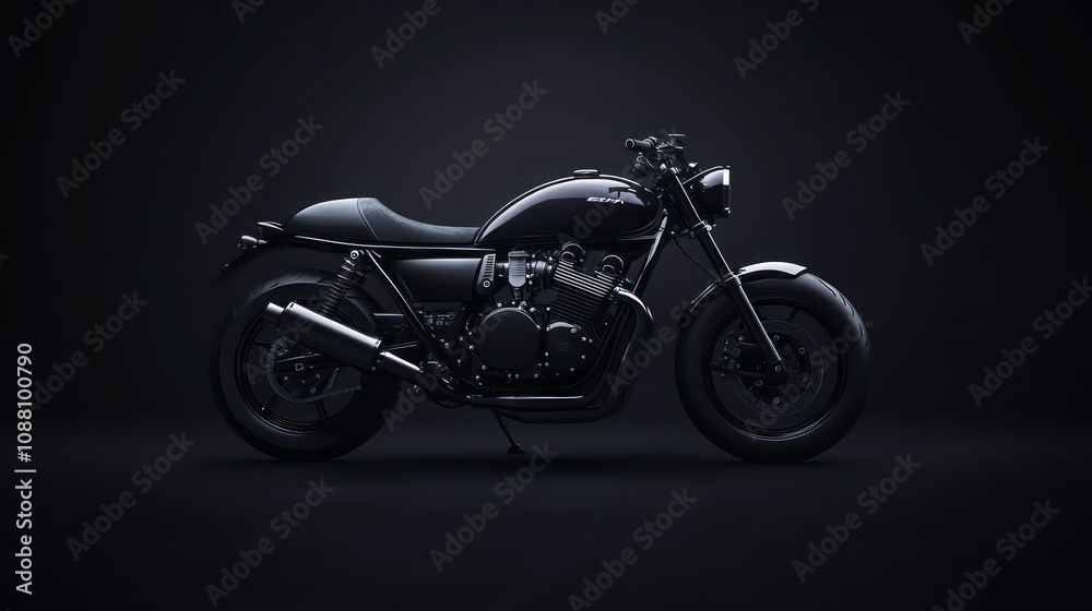 A black motorcycle with a single seat, a round headlight, and a black background. A black motorcycle with a single seat, a round headlight, and a black background.