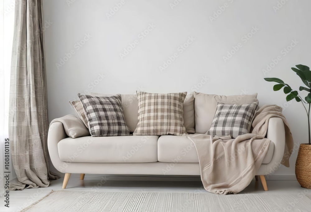 A cozy sofa with a plaid and pillows in a living room with a light-colored wall A cozy sofa with a plaid and pillows in a living room with a light-colored wall