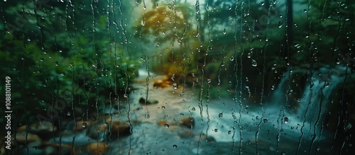 Raindrop Covered Window View of a Stream