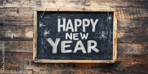 Happy New Year sign created in chalk on a chalkboard against a rustic vintage wood backdrop. Top view with selective focus. photo