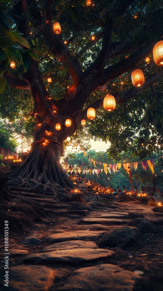 a Bodhi tree with softly glowing lanterns and flowing prayer flags, surrounded by devotees in meditation for Unduvap Full Moon Poya, a Bodhi tree with softly glowing lanterns and flowing prayer flags, surrounded by devotees in meditation for Unduvap Full Moon Poya,