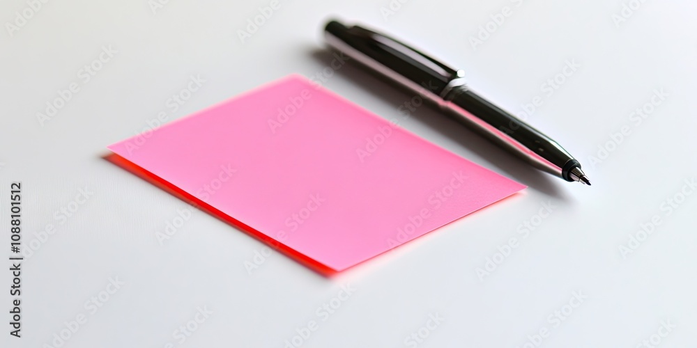 A pink sticky note and a pen on a white surface A pink sticky note and a pen on a white surface