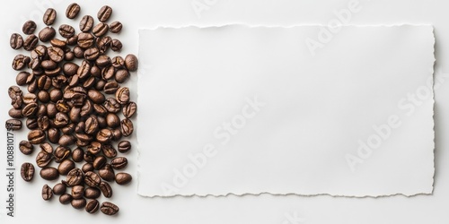 Close-up view of coffee beans alongside blank paper on a white background. Blank paper for copyspace.