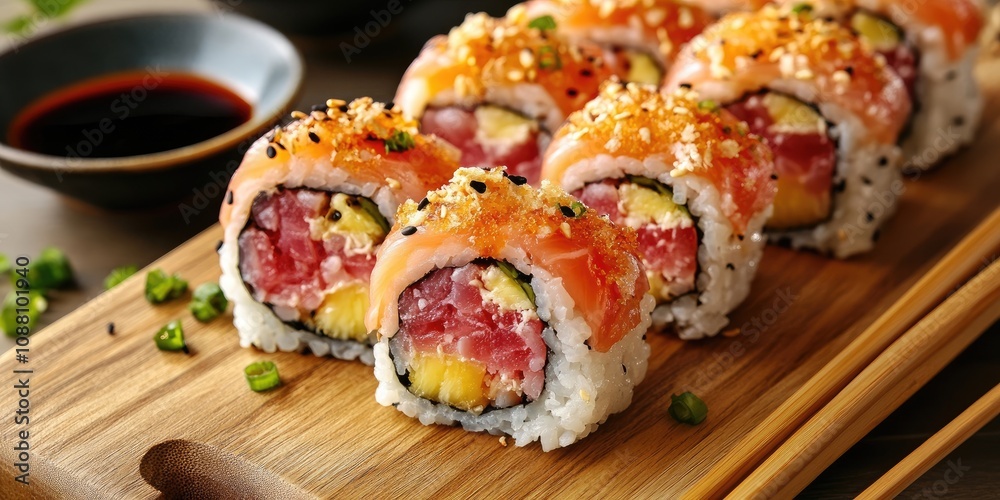 Rolls containing tuna and pineapple chunks. The roll is topped with rice sticks. Sushi is presented on a wooden board alongside chopsticks. Rolls containing tuna and pineapple chunks. The roll is topped with rice sticks. Sushi is presented on a wooden board alongside chopsticks.