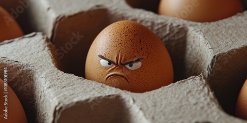 Egg with a face inside a cardboard box. Humorous brown egg with a frowning face in a cardboard tray up close. The idea of intimidation. An egg displaying a frustrated expression. photo