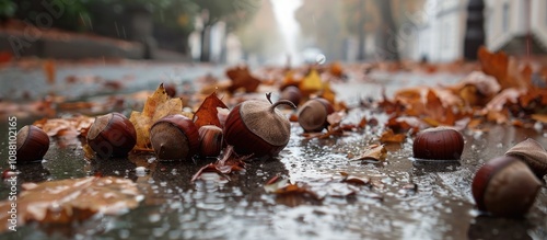 Autumn has arrived with chestnuts scattered messily on a damp morning pavement photo