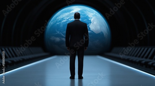 Global Vision: A lone businessman stands in a futuristic space, gazing out at a glowing Earth, symbolizing ambition, global reach, and a commitment to making a difference. 